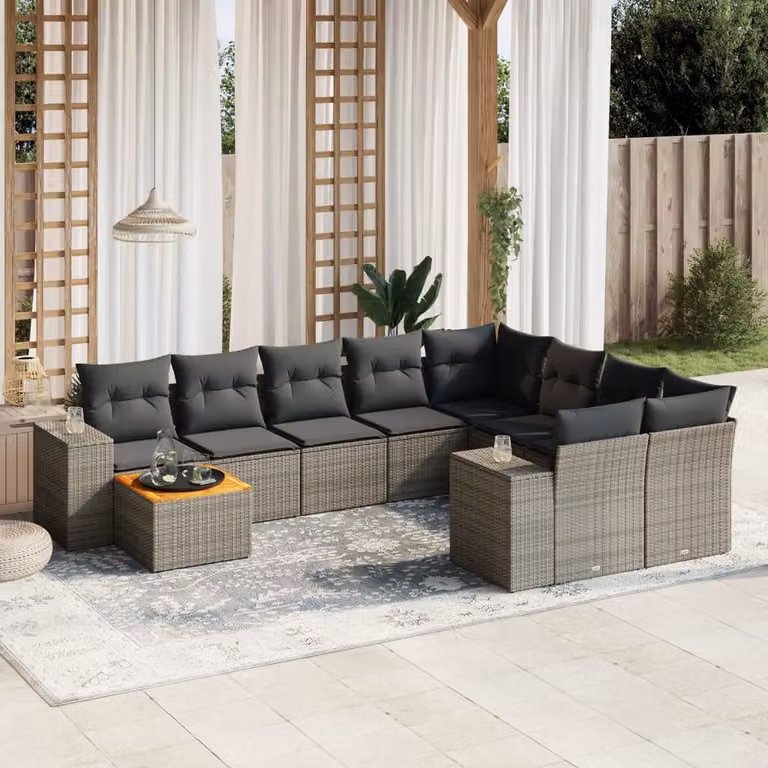 Set Divano da Giardino vidaXL 10 pz in Polyrattan Grigio con Cuscini e Tavolino