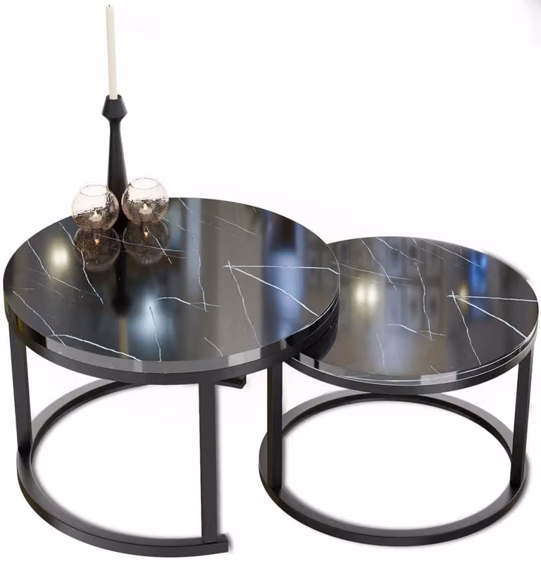 Set di 2 tavolini rotondi neri, effetto marmo, diametro 70 cm e 50 cm