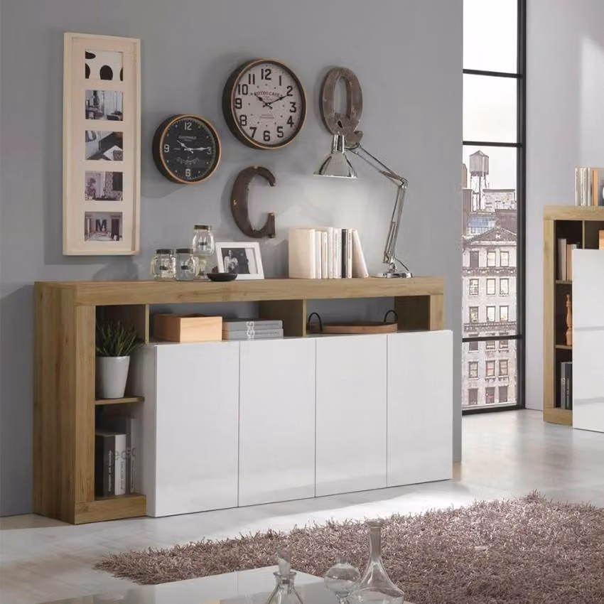 Credenza da 184 cm con 4 ante, rovere Cadiz BR bianco lucido