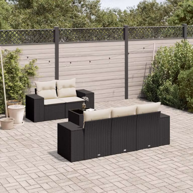 Set Divano da Giardino a L vidaXL 6 pz con Cuscini Nero e Tavolino in Metallo e Vetro