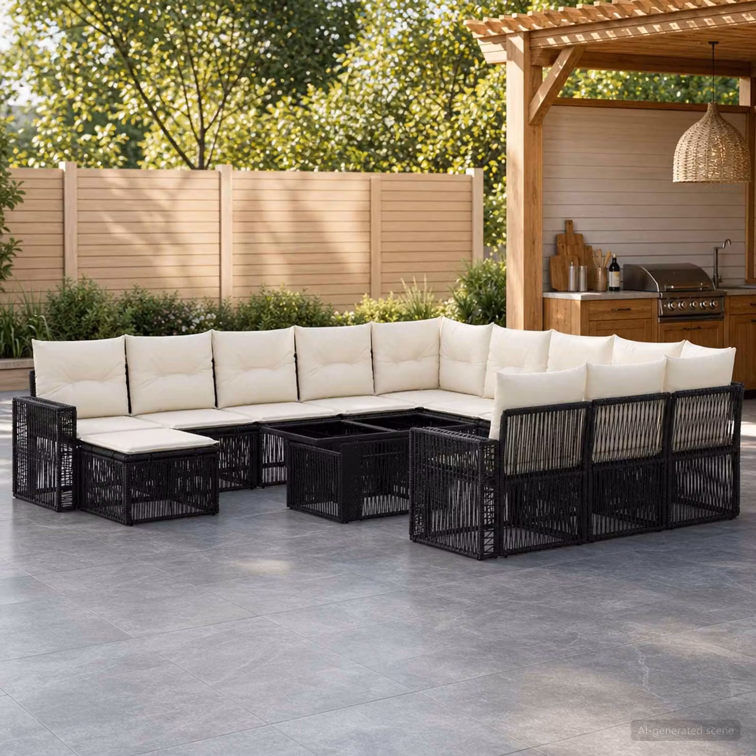 Set Divano da Giardino vidaXL 13 pz in Polyrattan Nero e Bianco Crema con Cuscini e Tavolino da Caffè