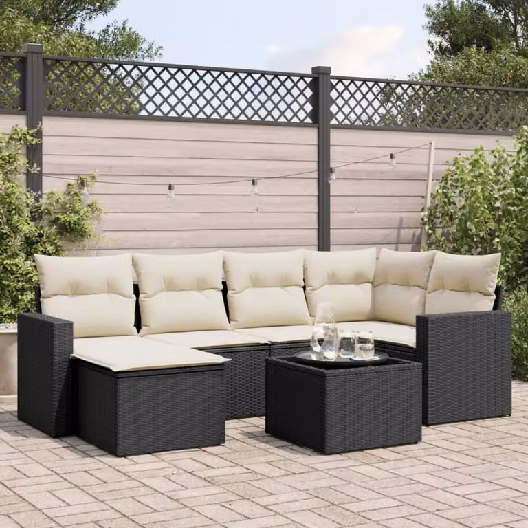 Set Divani da Giardino a L vidaXL in Polyrattan Nero con 7 Cuscini e Tavolino