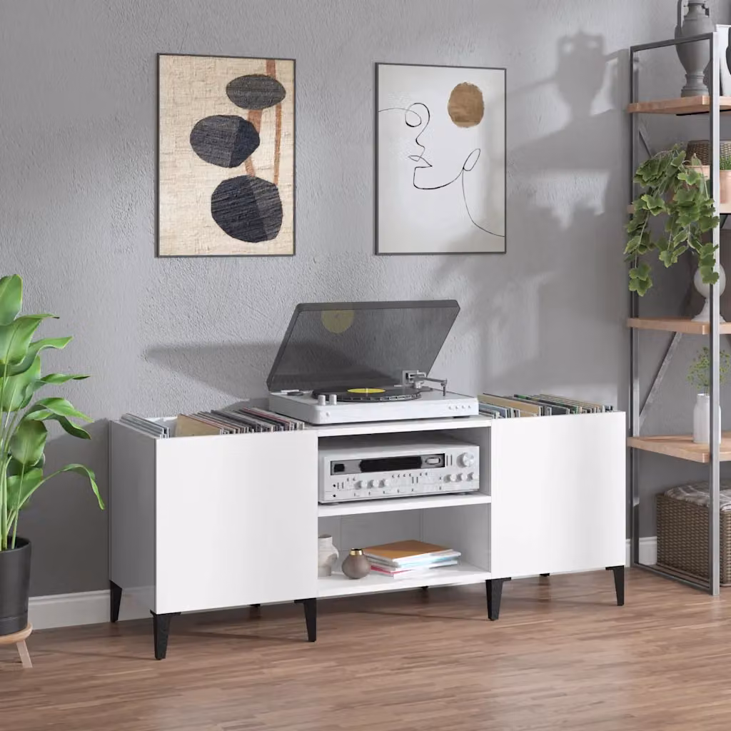 vidaXL Mobile Porta Dischi Bianco Lucido in Legno Multistrato L: 121 cm, P: 38 cm, H: 48 cm