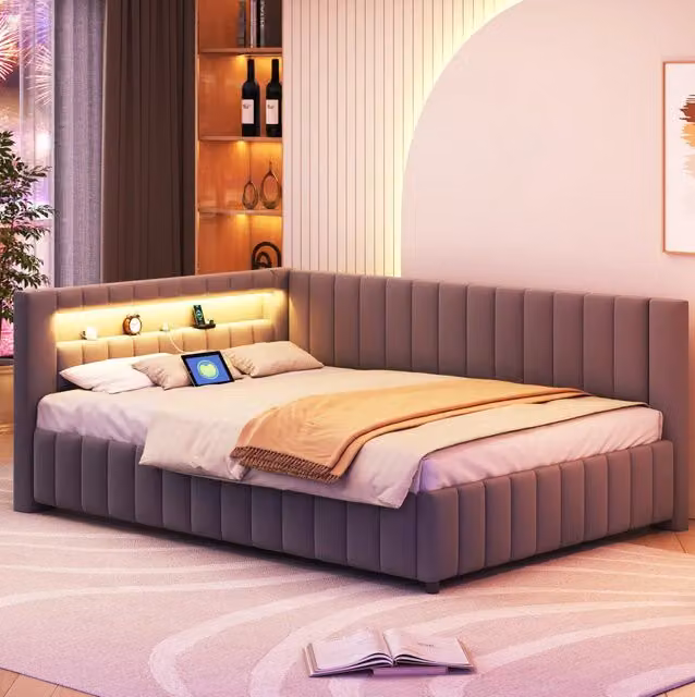 Divano letto 140x200 cm; design a L con LED e USB; velluto grigio (Senza materasso)