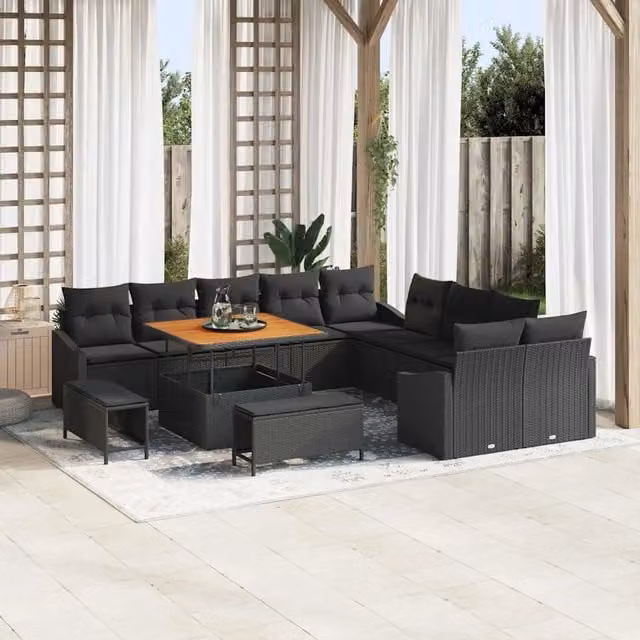 Set Divano da Giardino vidaXL 13 Pezzi a Forma di U con Cuscini Nero