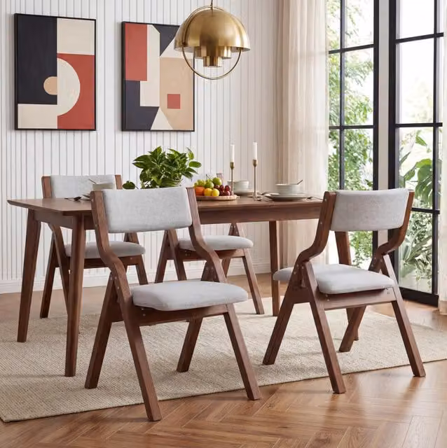 Set di 4 Sedie Pieghevoli da Pranzo in Legno Massello con Rivestimento in Lino Grigio, Design Salvaspazio per Soggiorno e Caffè