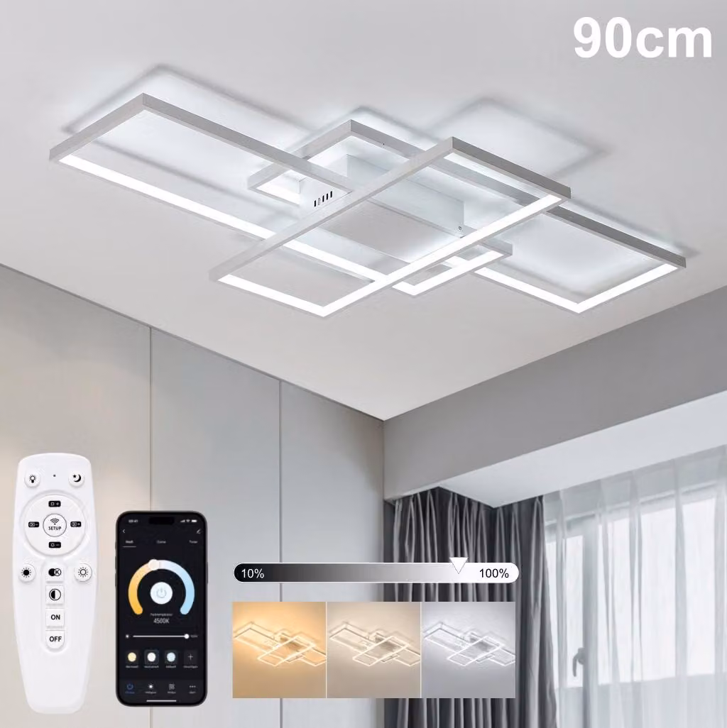 Plafoniera LED moderna, 90 x 60 cm, bianca, con telecomando e controllo tramite app, dimmeraggio continuo, temperatura di colore regolabile da 3000K a 6500K, luce notturna con timer, ideale per soggiorno, camera da letto e ufficio.