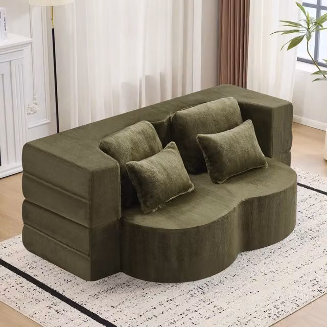 Divano Letto Pieghevole 2 in 1 REDOM Verde con 4 Cuscini in Tessuto e Imbottitura Mista