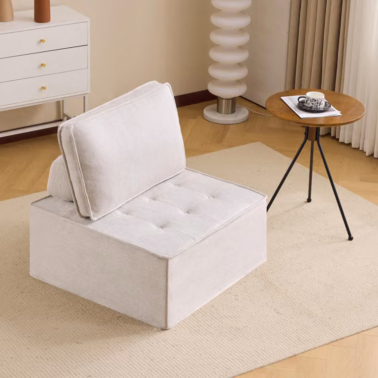 Divano singolo STILVORA, design modulare, ideale per camerette. Perfetto per piccoli spazi. Pouf leggero e facile da spostare, adatto per la camera da letto. Tessuto di lino, colore beige
