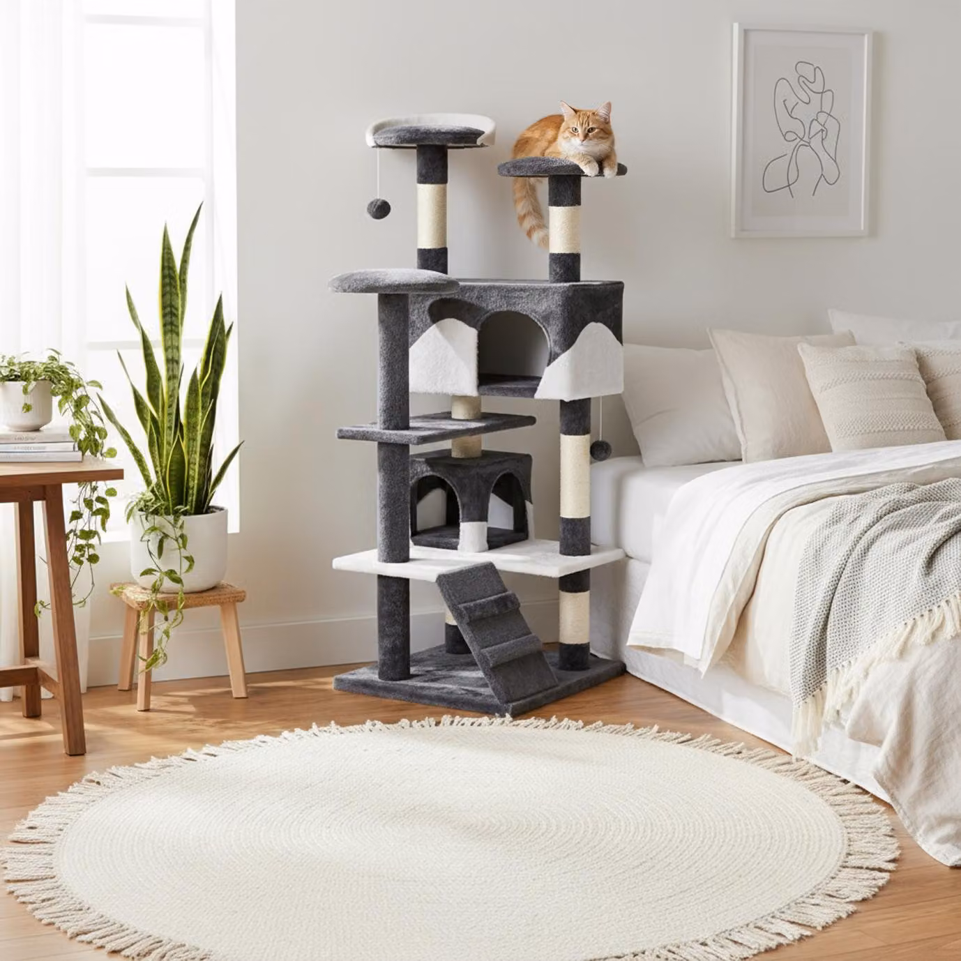 tiragraffi belviona, albero per gatti alto 130 cm con grotte, scale e palline da gioco, robusto ed elegante, grigio/bianco