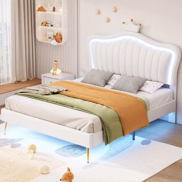 Letto per bambini 140 × 200 cm con LED regolabili e testiera a corona, senza materasso, bianco in similpelle