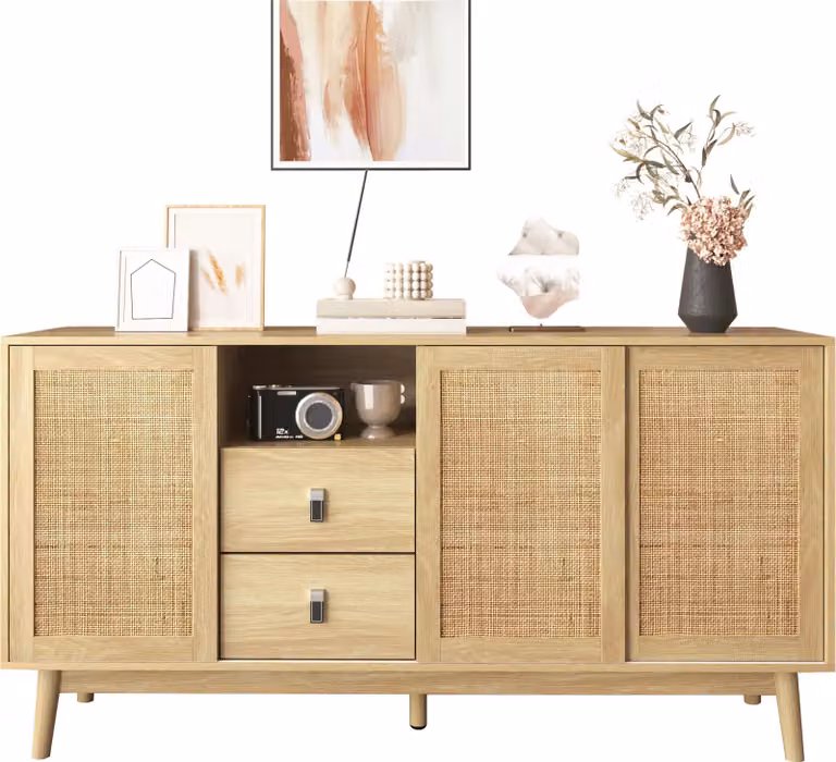 Credenza Sweiko con 3 ante scorrevoli in vero rattan e 2 cassetti, 155x38x80 cm, traspirante, stabile e versatile