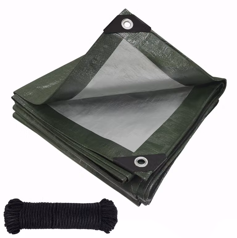 Telo protettivo 2m x 2m, impermeabile, con occhielli, in tessuto PE da 120g/m², colore verde-argento