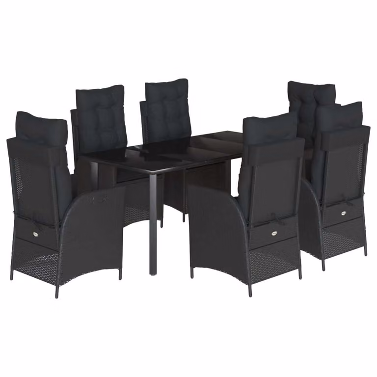 Set da Pranzo da Giardino 7 pz Nero con Cuscini in Polyrattan