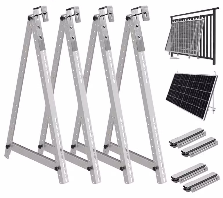 Supporto per pannelli solari, realizzato in lega di alluminio, lunghezza 114 cm, progettato per 2 moduli, regolazione dell'angolo da 0 a 90°, compatibile con ringhiere per balconi