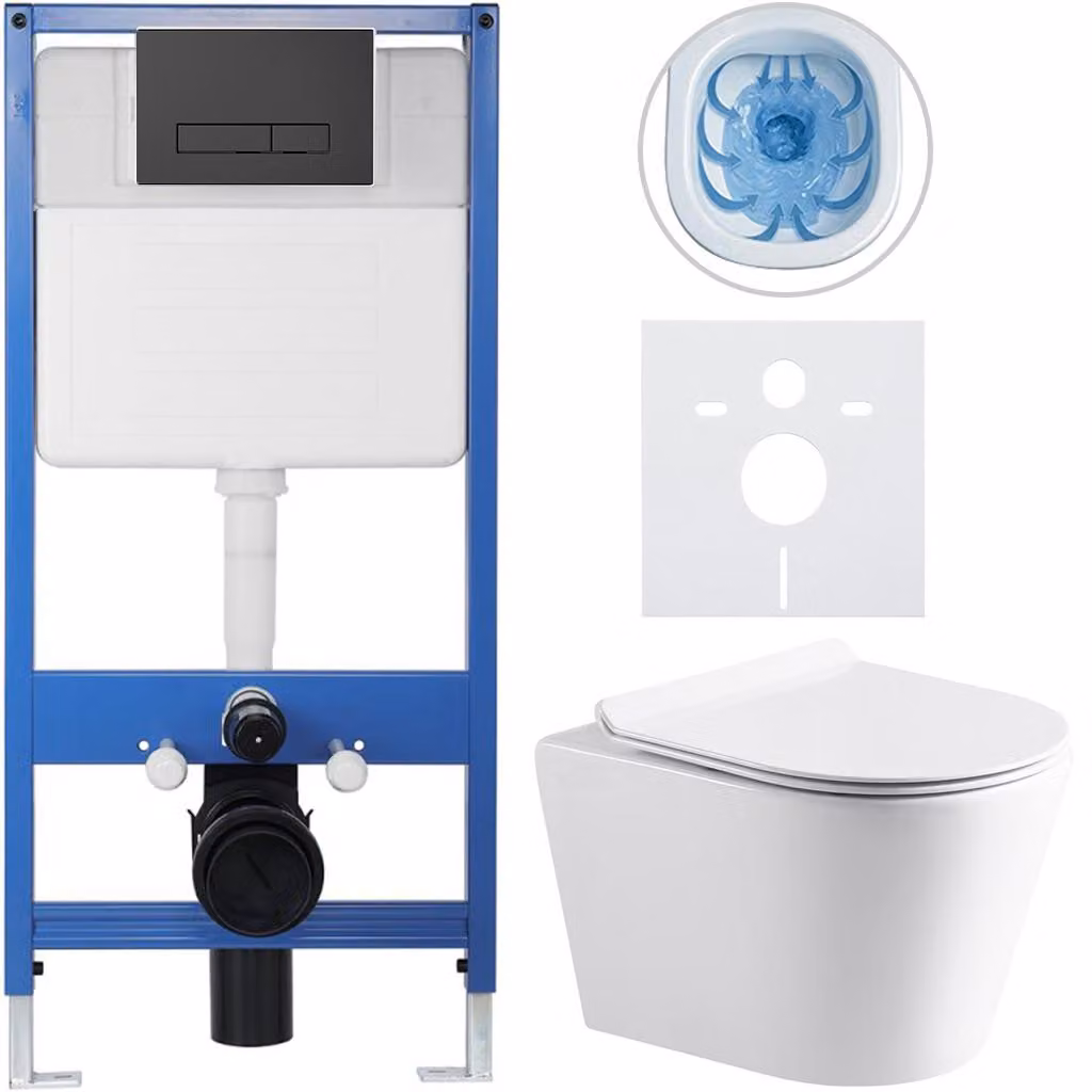 CERANO - Set completo per WC da incasso Lite/Norbi - bianco lucido - pulsante WC Slim, nero opaco - installazione a parete/cartongesso - 48,5x36,5 cm