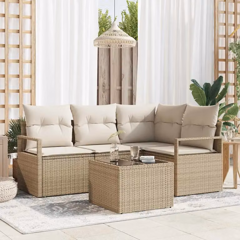 Set di divani da giardino vidaXL a forma di L con tavolo da caffè, 5 pezzi, beige e bianco, in rattan e metallo con cuscini inclusi