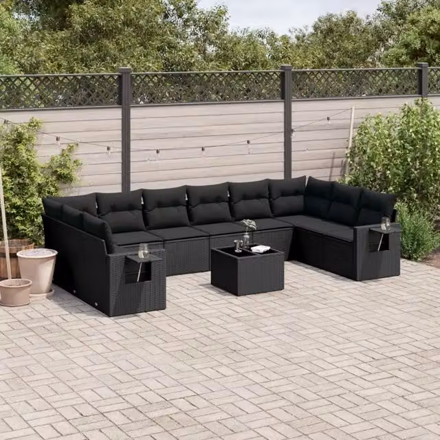 Set da giardino moderno vidaXL composto da 11 pezzi con poltrona lounge, elemento angolare, tavolino da caffè e cuscini, colore nero