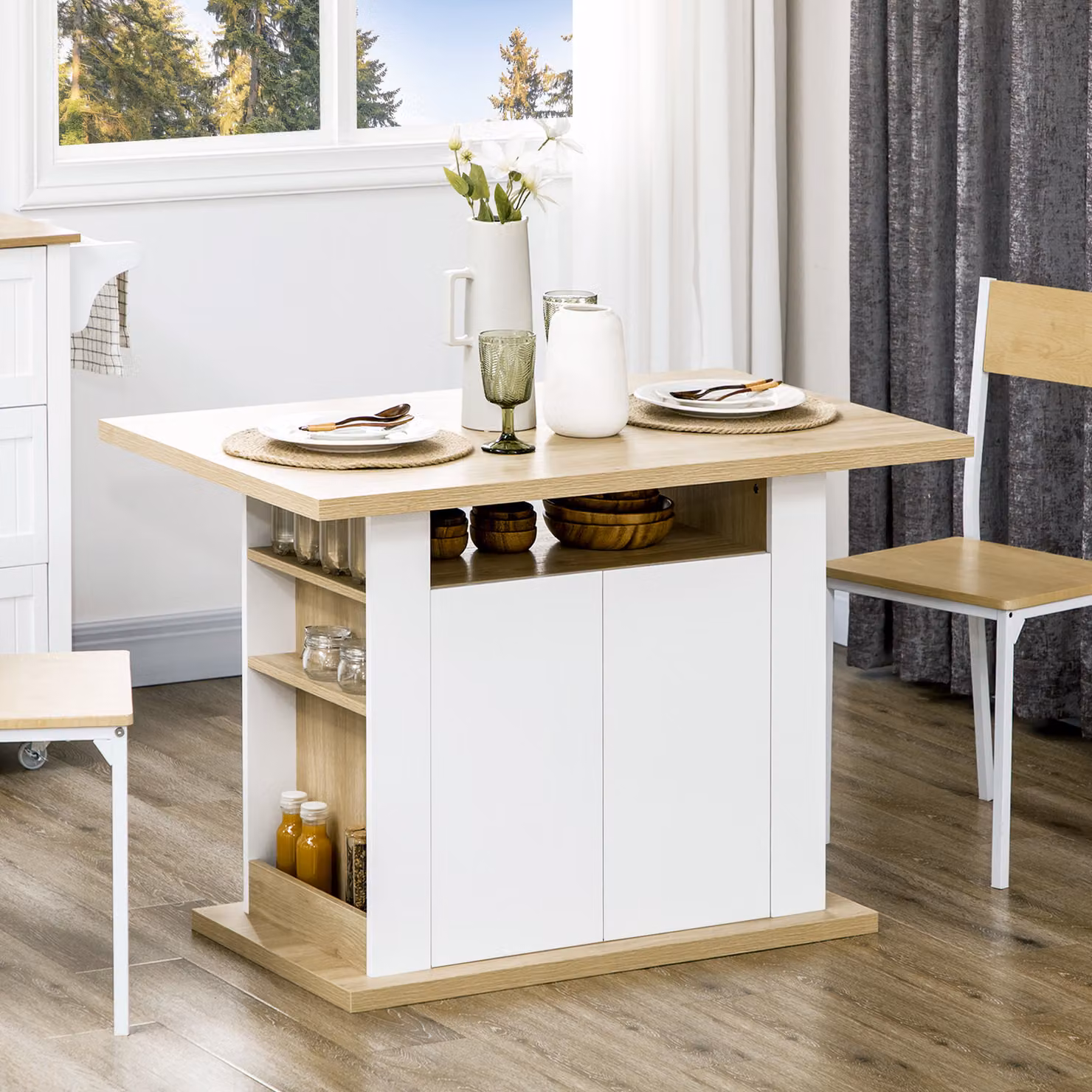 Isola per cucina HOMCOM con armadietti e ripiani aperti, Bianco e Legno, L: 110 cm, P: 70 cm, H: 75.5 cm – 2