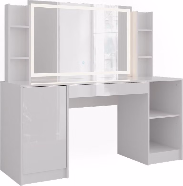 Tavolo da toeletta Vicco Sherry Bianco/Bianco lucido 158.2 cm con specchio a LED, Model 57650