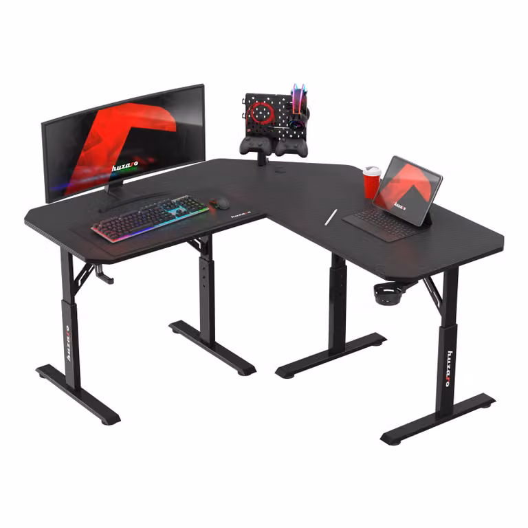 Scrivania da gioco Huzaro Hero 7.3 nera - regolabile in altezza, design angolare, 140x80 cm, superficie in carbonio, staffe, uscita cavi, fino a 100 kg