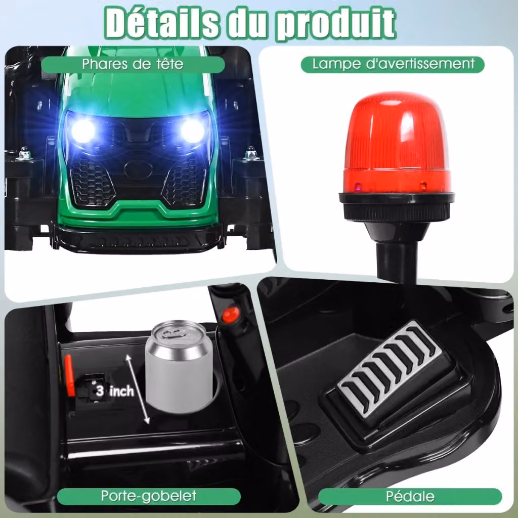 Trattore elettrico con rimorchio verde con cintura di sicurezza a 2 punti L: 151 cm, P: 68 cm, H: 70 cm – 2