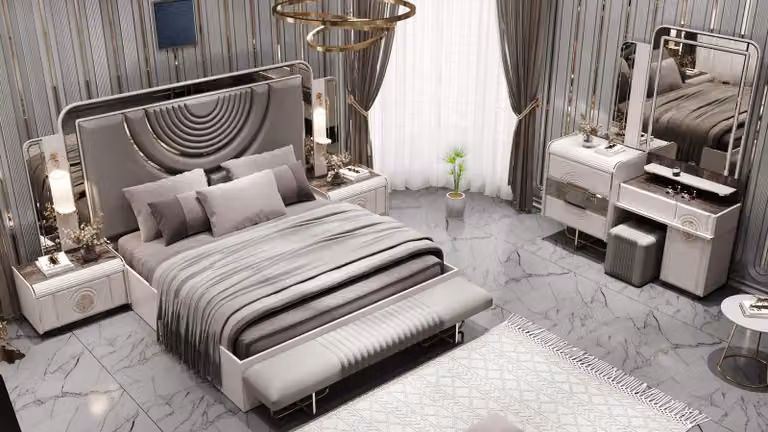 Letto imbottito con illuminazione e 2 comodini in stile Art Déco