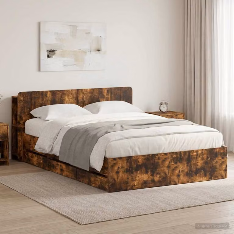 Letto con contenitore e testata vidaXL in legno Rovere Fumo L 140 x P 190 x H 211,5 cm