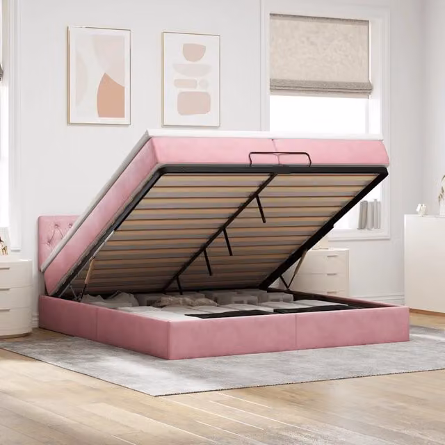 Letto con contenitore a sollevamento vidaXL in velluto rosa e bianco con materasso L/P/H: 200 x 200 x 28 cm