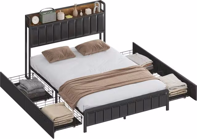 Letto matrimoniale imbottito con contenitore e rete a doghe ¨C zephmum ¨C nero 140x190