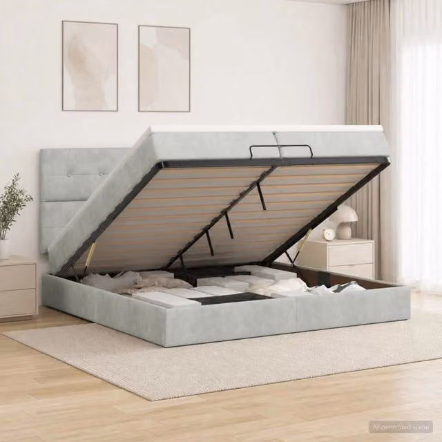 Letto ottomano con contenitore vidaXL in velluto grigio e bianco con materasso a molle L/P/H: 200 x 200 x 88 cm