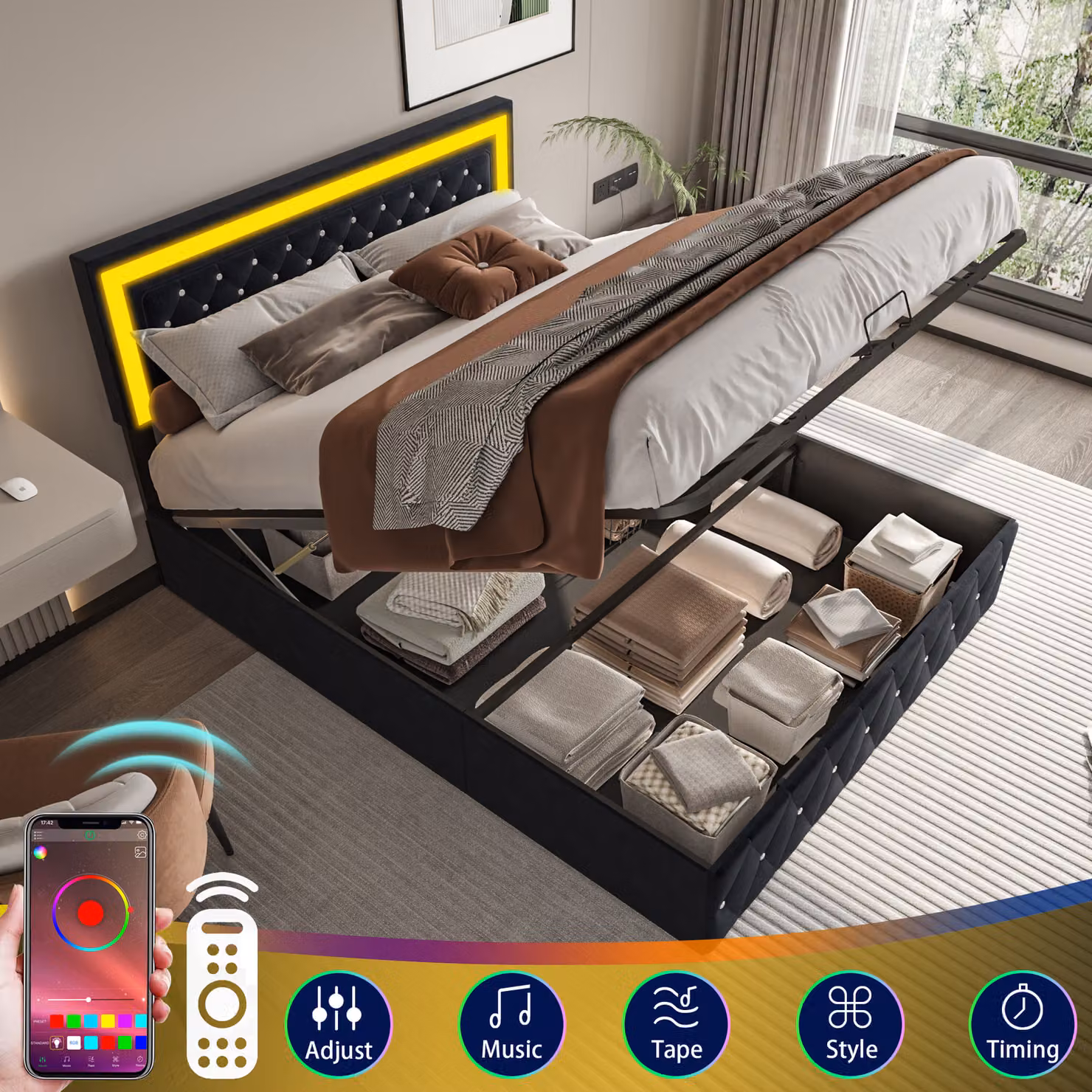 UnboxG Letto imbottito 160 x 200 cm, testata a LED, letto matrimoniale idraulico con rete a doghe e giroletto, letto funzionale con testata regolabile, letto continentale in velluto, per adulti e ragazzi, nero
