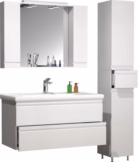 Set bagno completo Ezooza in bianco lucido composto da mobile con lavabo extra large, colonna e pensile a specchio con illuminazione LED