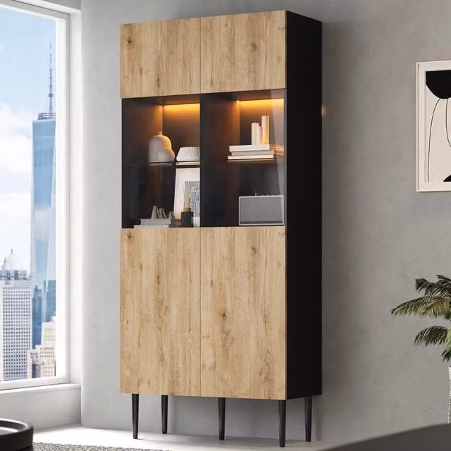 Armadio alto con ante in vetro e ripiani ¨C Minimal ¨C colore rovere e nero, 80x180x35 cm, in legno per camera