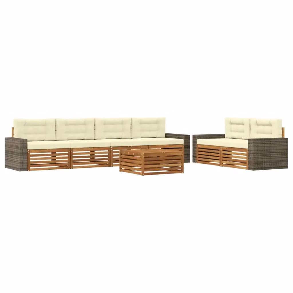 Set di divani da esterno vidaXL da 7 pezzi in legno di acacia con cuscini beige e bianchi e tavolino da giardino moderno – 2