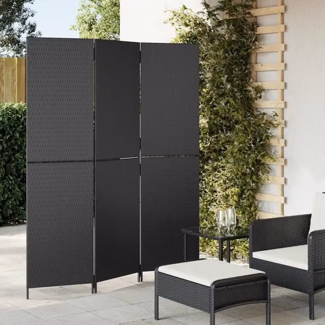 Divisorio per ambienti vidaXL a 3 pannelli in polyrattan e metallo nero moderno