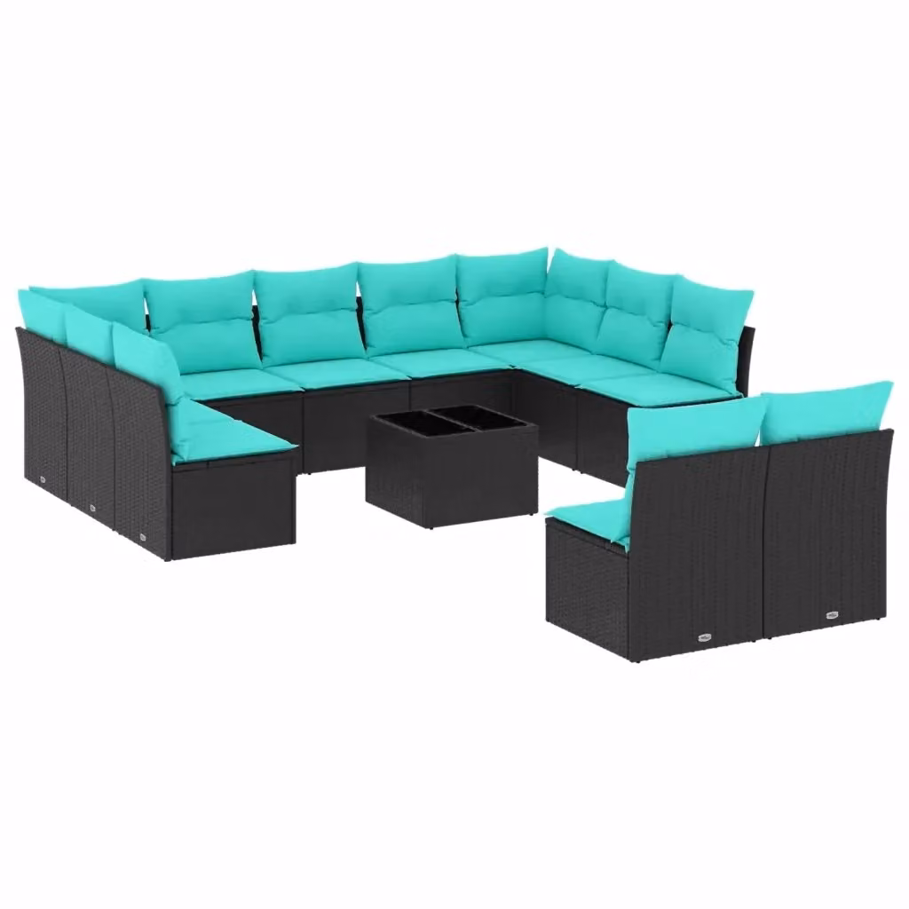 Set da giardino moderno vidaXL in polyrattan nero con cuscini blu a forma di U composto da 12 pezzi con tavolino da caffè e struttura in metallo – 2
