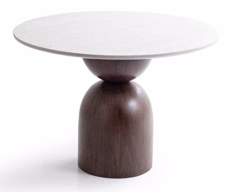 Tavolo da pranzo rotondo, moderno, beige e marrone, con finitura effetto marmo, in legno, per la cucina