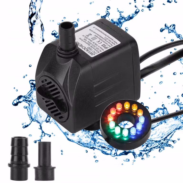 Pompa acquario LED 600 l h 10 W, pompa per acquario con luce LED 12 colori, 2 ugelli, nera
