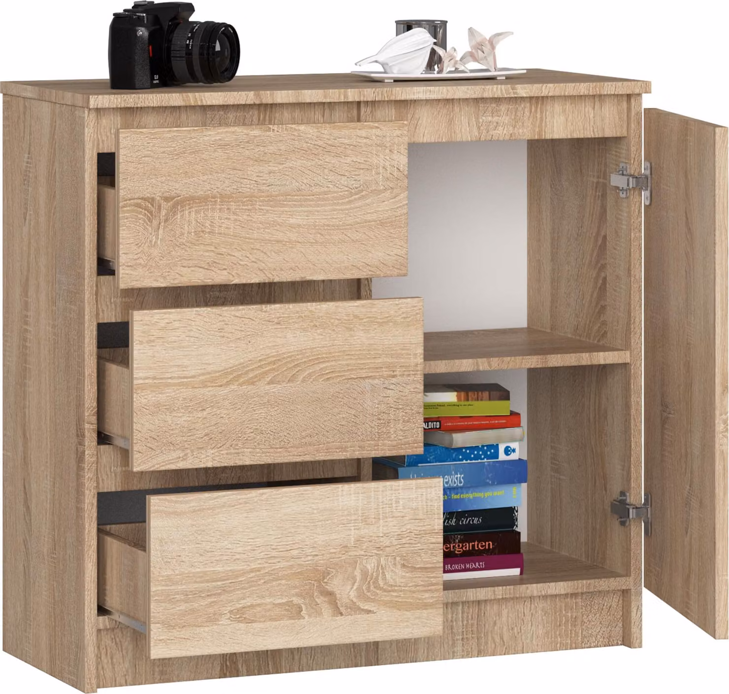 BDW, cassettiera, 3 cassetti, 1 anta, armadio, credenza, rovere Sonoma