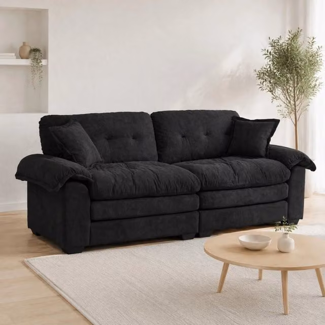 Divano a 2 posti Mivray in tessuto nero con seduta profonda, cuscini decorativi inclusi e coperture rimovibili