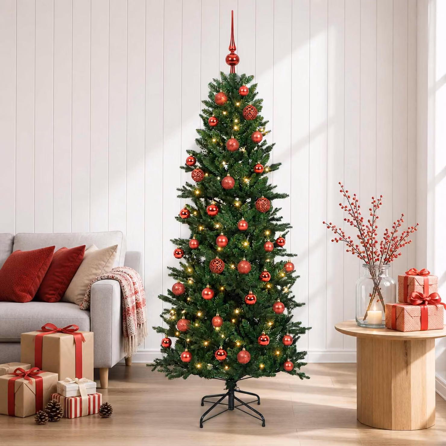 Albero di Natale artificiale con decorazioni natalizie, altezza 150 cm, 150 luci LED