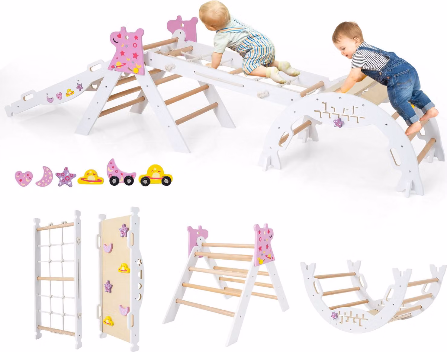 COSTWAY: set di 4 strutture da arrampicata per interni, triangolo pieghevole con scivolo, arco di arrampicata, rete, rampa bifacciale, set di mattoncini e 2 macchinine per bambini da 1+