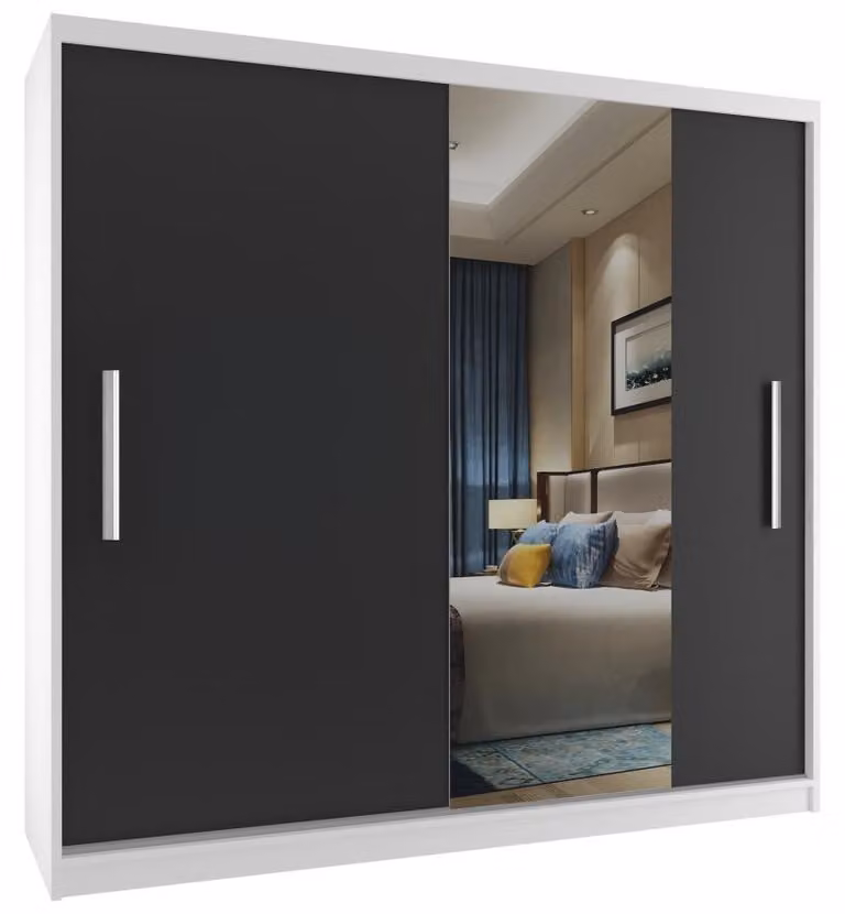 Armadio scorrevole BELINI Verona, 200 cm, bianco/nero opaco - Armadio con specchio e asta appendiabiti, ideale per la camera da letto