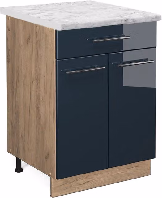 Mobiletto base per cucina Vicco Fame-Line Blu scuro lucido e Rovere dorato con cassetto L: 60 cm