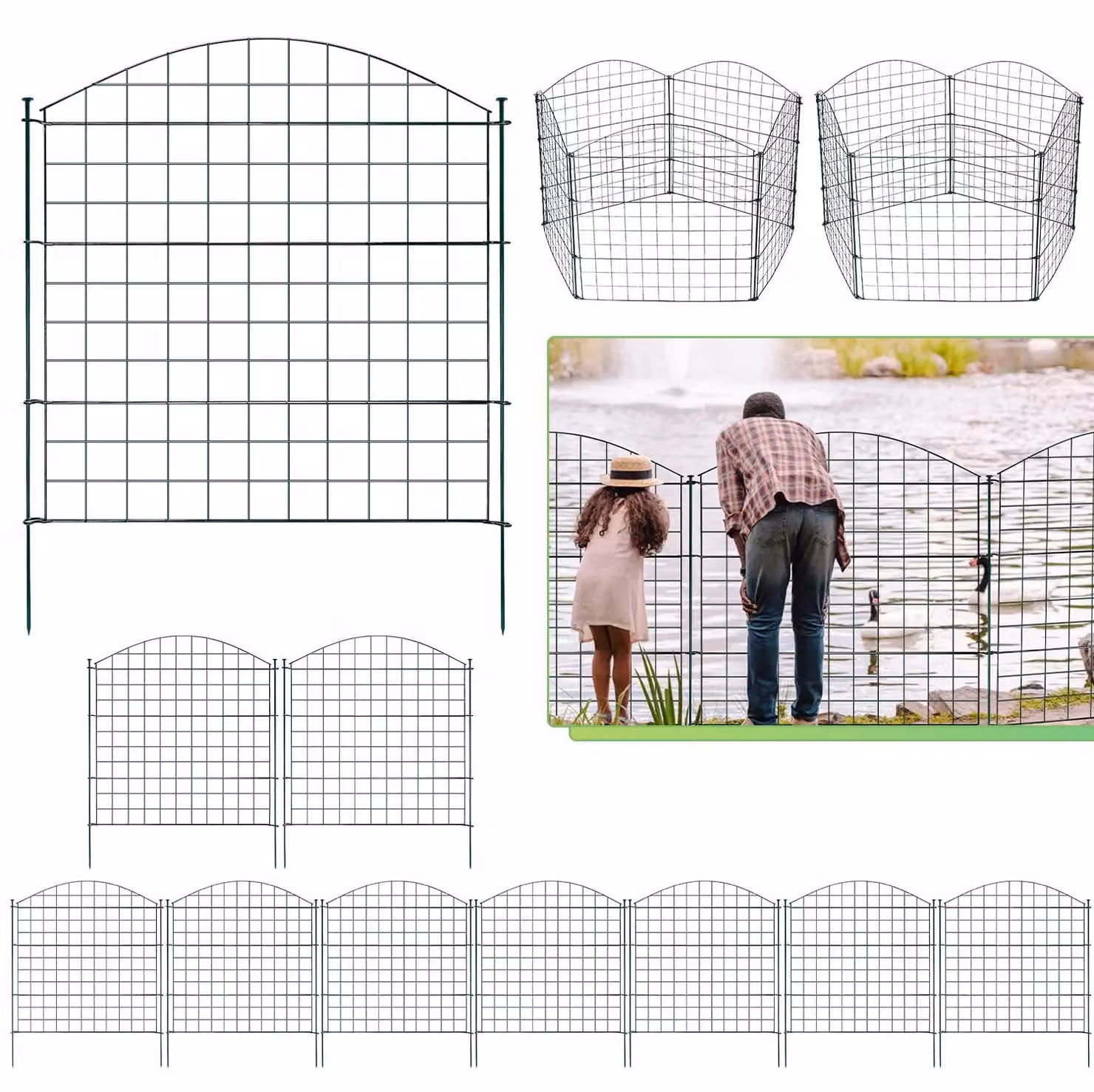 Recinzione per stagno Ikodm, set da 10 pezzi, verde, in metallo, recinzione a pannelli per giardino e animali, forma convessa