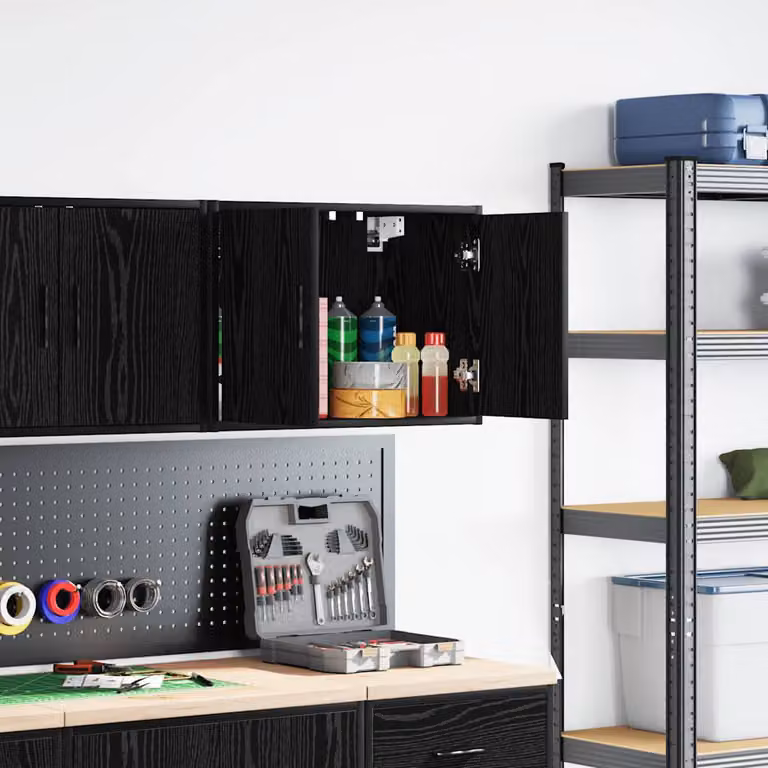 Pensile da garage vidaXL in legno e MDF nero opaco con ante a battente e ripiani interni