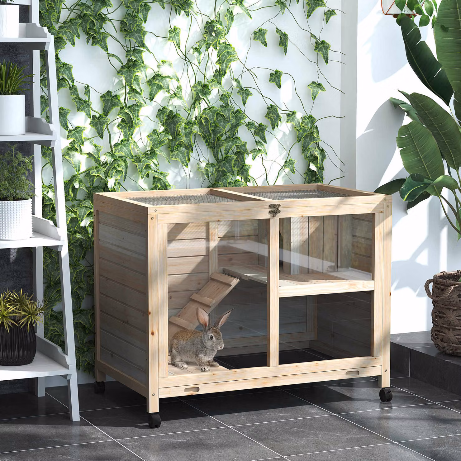 Casetta per conigli e porcellini d'India PawHut in legno a 2 livelli con rampa e vassoio estraibile, colore marrone, Aosom – 2