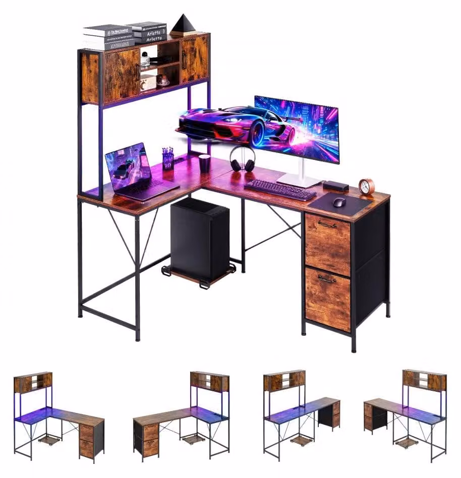 Scrivania ad angolo a forma di L - Con illuminazione LED RGB - Larghezza 158 cm