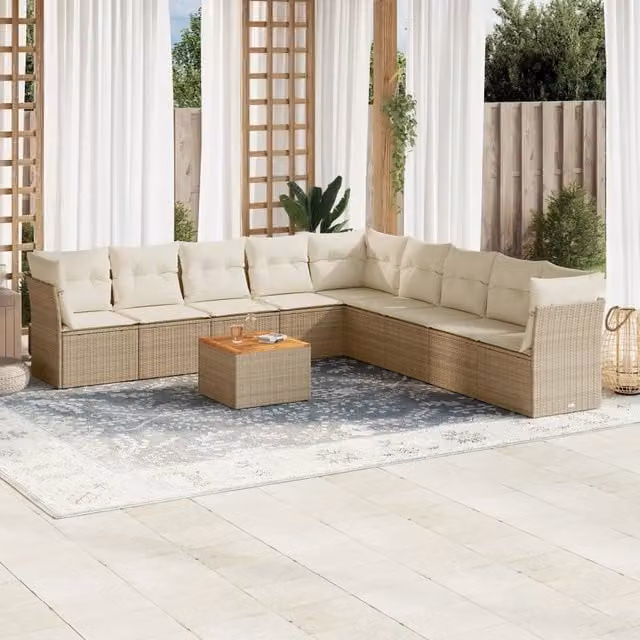 Set Divano da Giardino vidaXL in Polyrattan con Cuscini Beige e Tavolino da Esterno